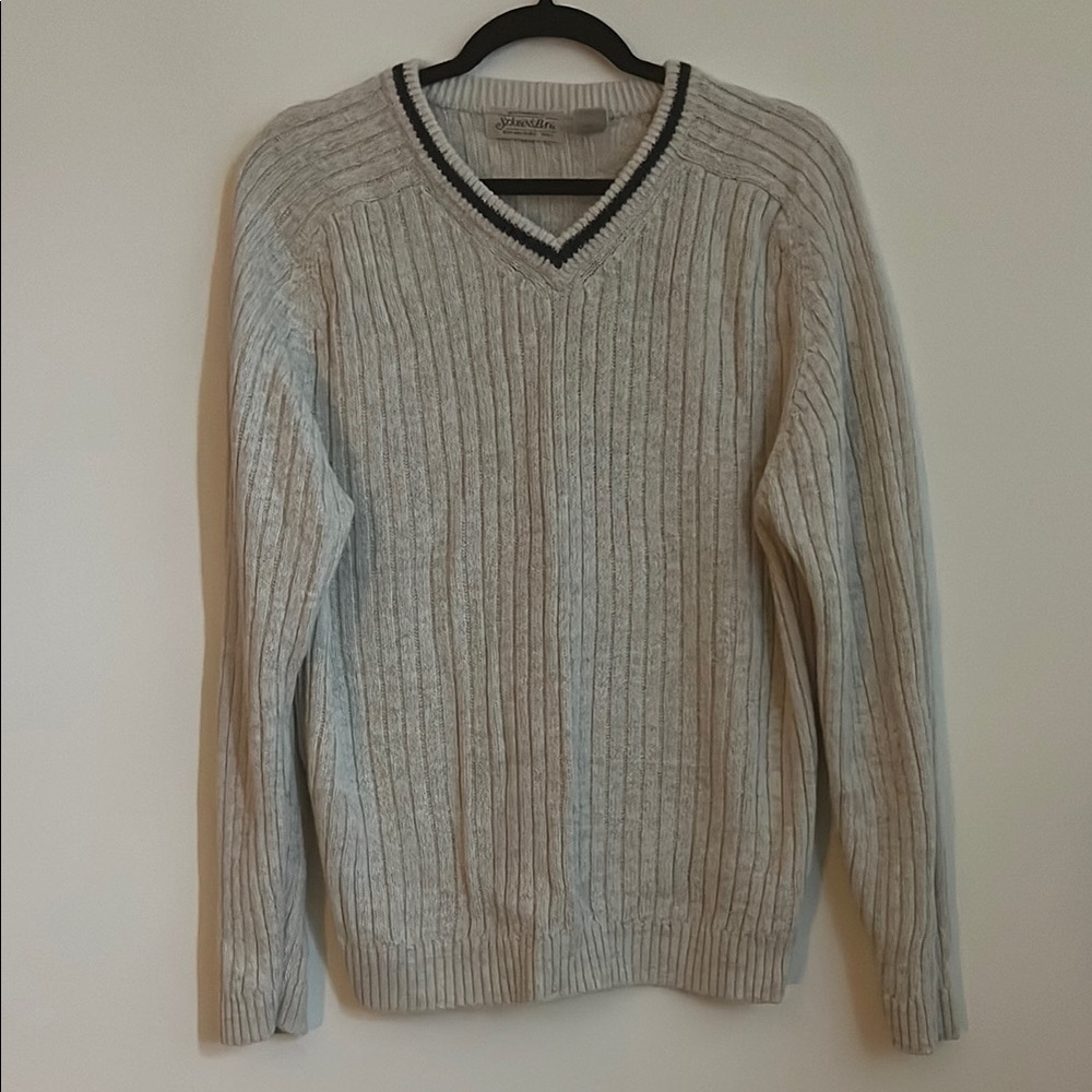 St. John's Bay Gray V-Neck Sweater with Classic Cable Knit